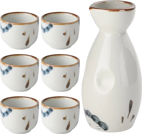 Set Sake Ceramico 7 pezzi Set Sake Giapponese Incluso 1 Fiasco Sake, 6 pezzi Tazze Sake per Sake caldo o freddo Tazze Sake per casa o per ristorante (bianco)
