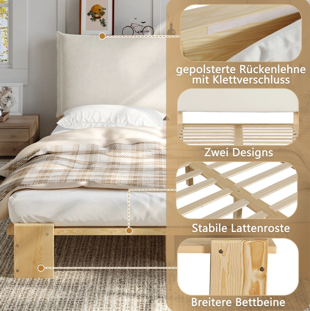 Letto singolo imbottito 140x200 cm con schienale imbottito e doghe stabili; legno e tessuto; naturale