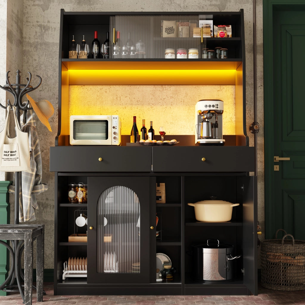 Credenza Alta da Cucina con 2 Cassetti e Ripiani Regolabili con LED per Cucina in MDF e Pannelli di Particelle Nero 120x40x180 cm