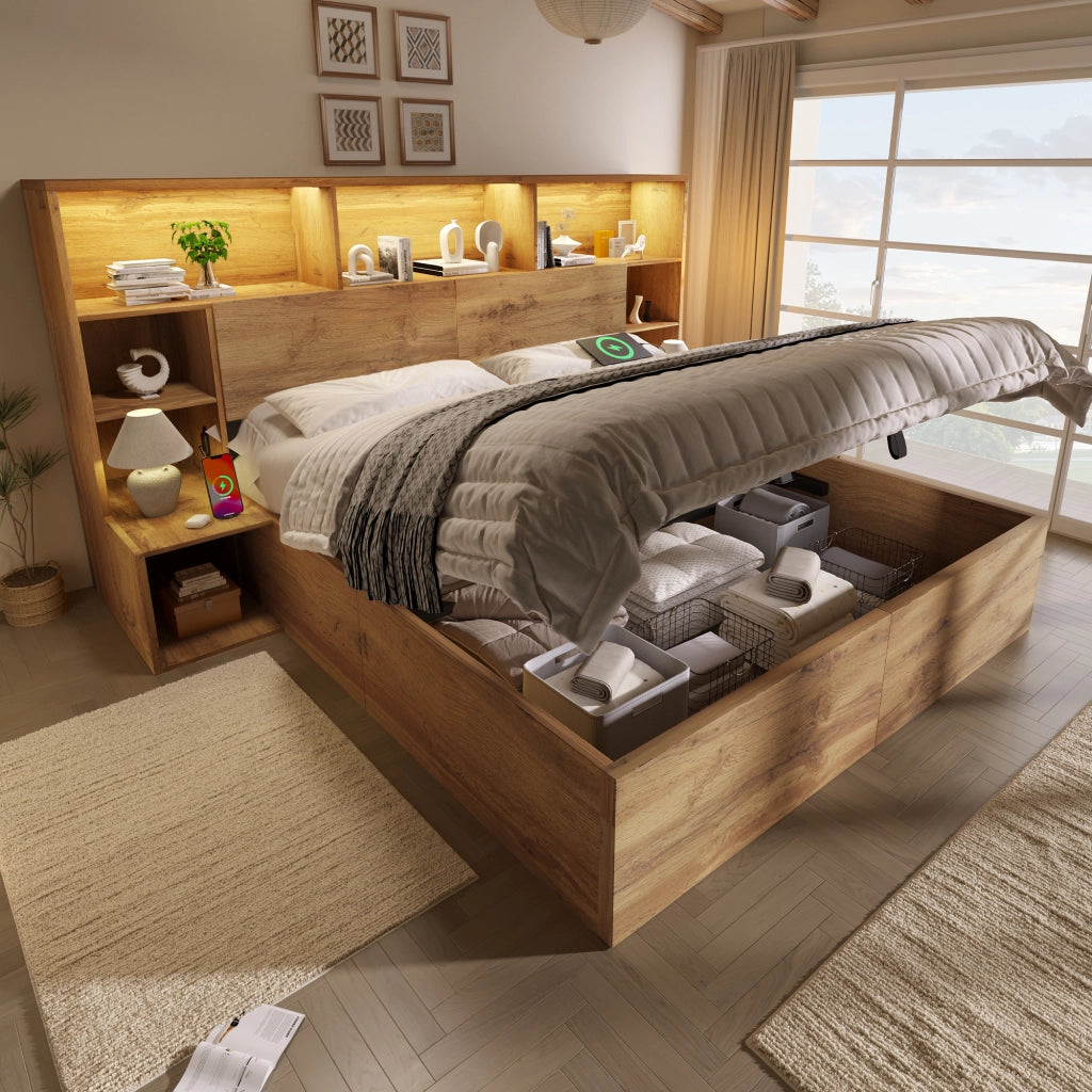DESMIU Letto contenitore letto matrimoniale con LED regolabile, USB e Type-C, 180 × 200 cm, senza materasso