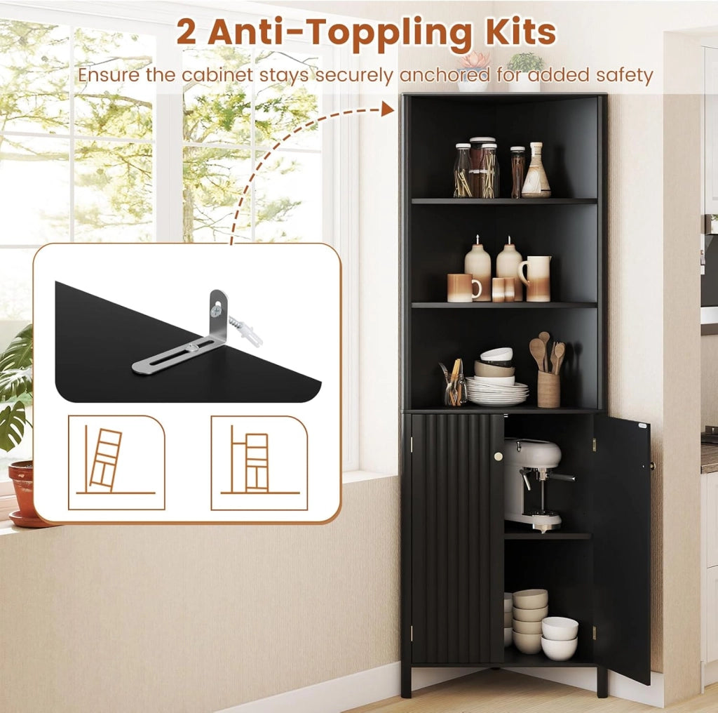 Armadio ad angolo alto, mobile da bagno con 3 ripiani aperti e 2 ante, ripiano inferiore regolabile, kit antiribaltamento, 58 x 32 x 172,5 cm, organizer per soggiorno, camera da letto (nero)