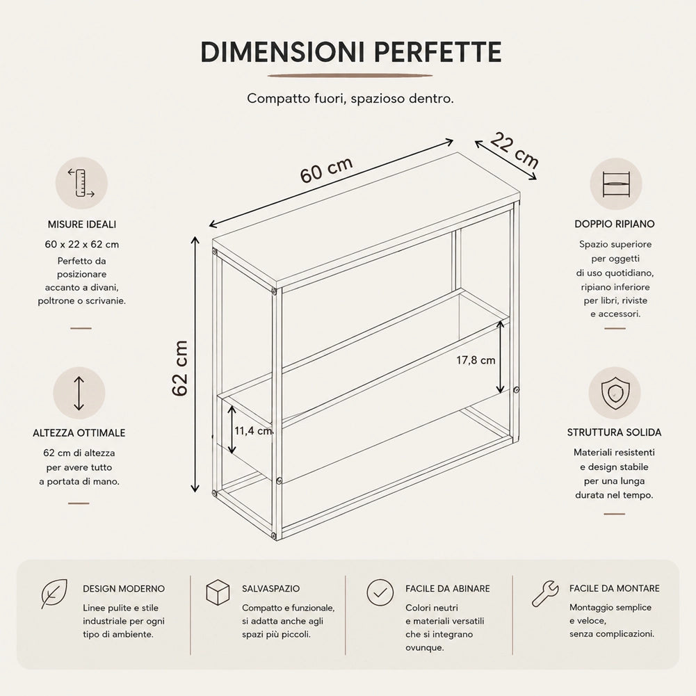 Tavolino Laterale Divano con 2 Ripiani Tavolo Multiuso Nero e Rovere 60x22x62cm