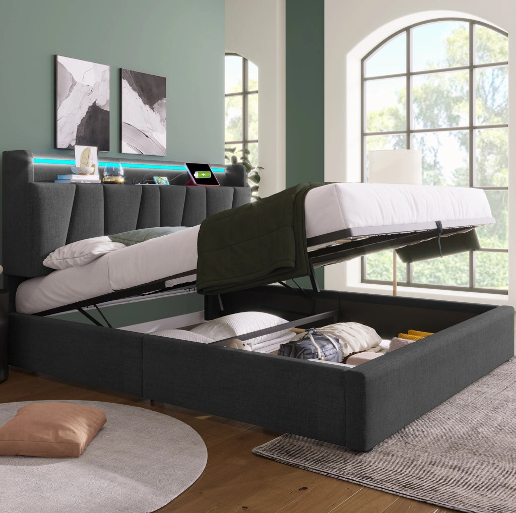 Letto imbottito 140x190 cm grigio con LED RGBW, USB e testiera contenitore