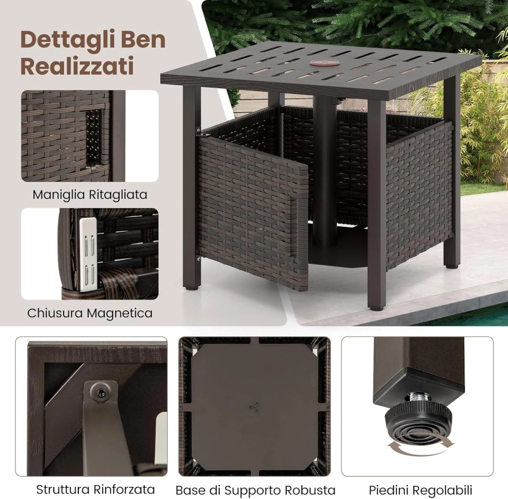 Tavolino da Esterno con Foro per Ombrellone da 4,9 cm, Tavolo da Patio in Rattan PE, Tavolino Laterale per Giardino, Terrazza e Bordo Piscina, Portata 120 kg