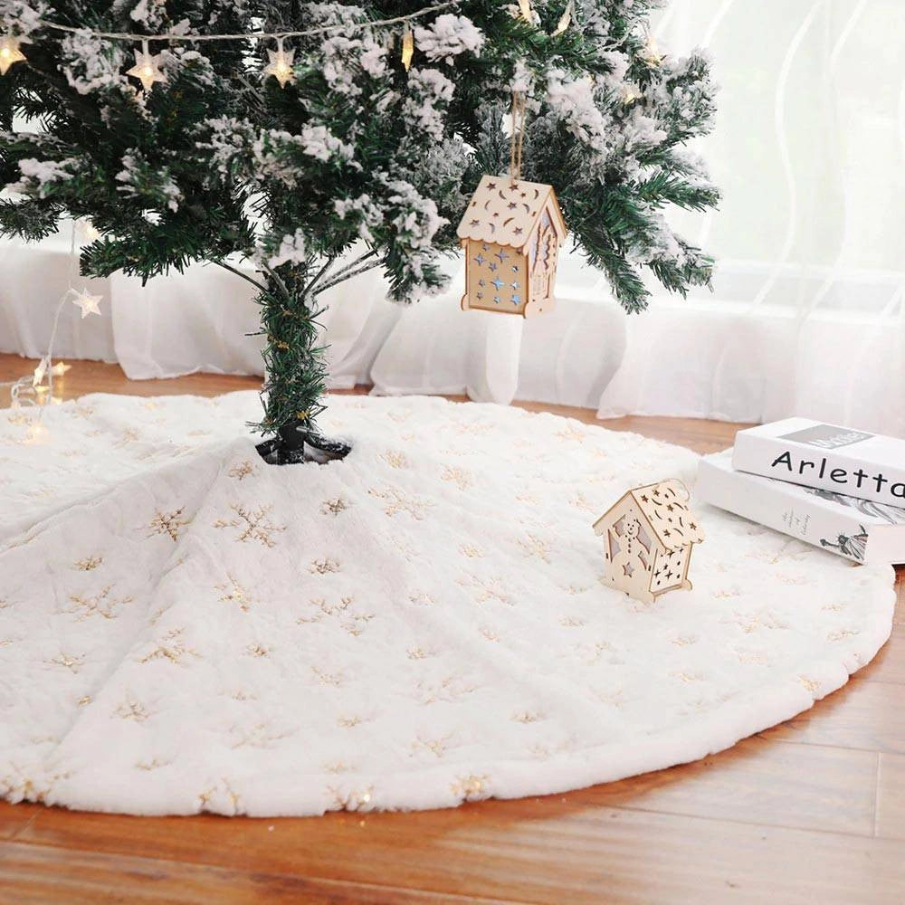 Trade Shop - Tappeto Gonna Copertura Base Albero Di Natale 80cm Peluche Fiocchi Di Neve Gold -
