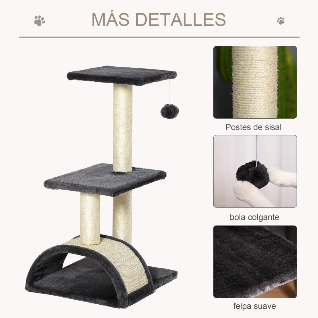 Albero tiragraffi per gatti a 3 livelli con pali in sisal e palla ¨C zephmum ¨C grigio 60x30x100