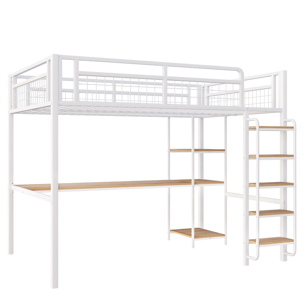 Letto a soppalco 140x200 cm con scrivania e ripiani in metallo e MDF bianco
