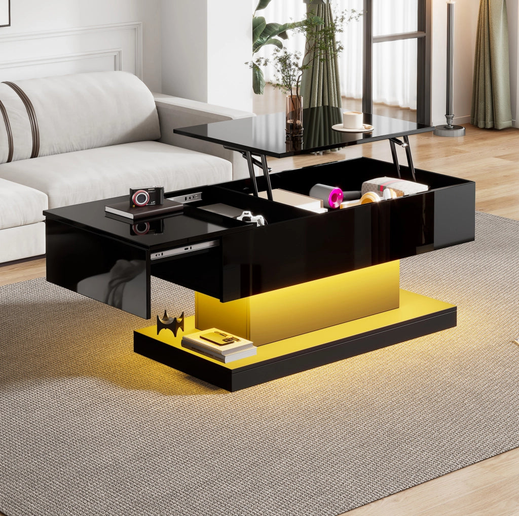 Tavolino da salotto con sollevamento idraulico; LED e contenitore 100x50x45 cm; nero lucido