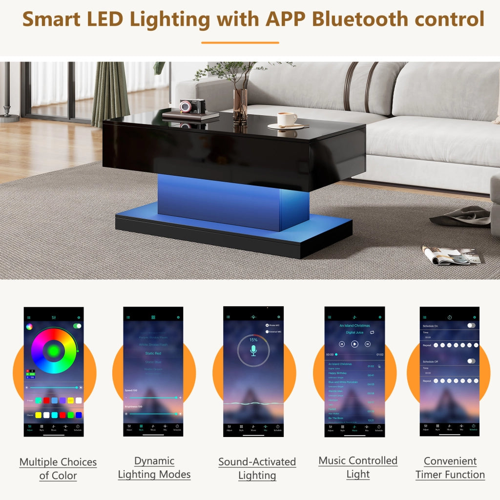 Tavolino da caffè con piano alzabile; vano contenitore e LED - per soggiorno - in truciolare - 100x50x45 cm - nero