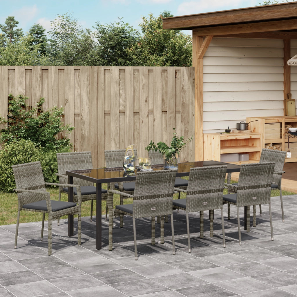 Set da Pranzo da Giardino 9 Pezzi con Cuscini Grigio Rattan Sintetico