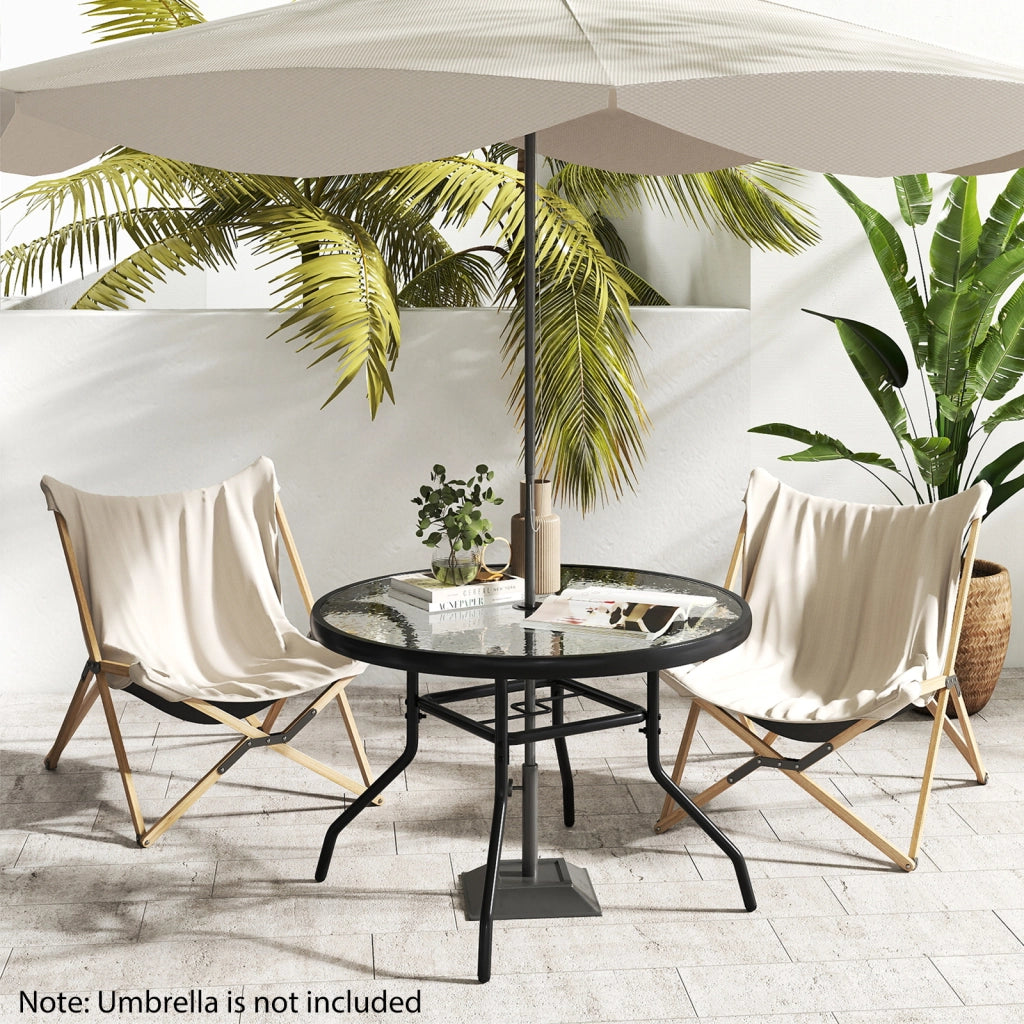 Tavolino rotondo esterno vetro temperato foro 4,2cm metallica robusta-Tavolino caffè 70x70x45,5cm giardino cortile piscina