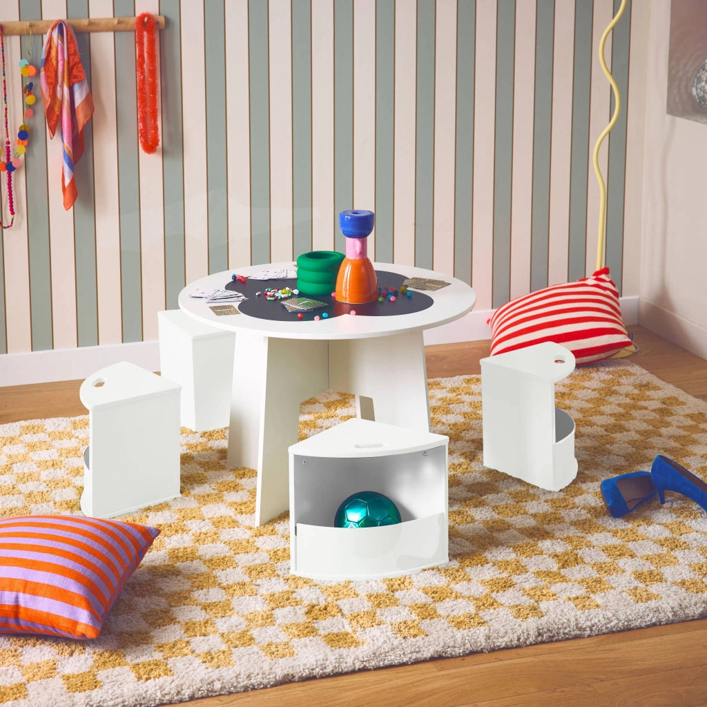 Tavolo con ardesia e 4 sedie con contenitore per bambini, bianco