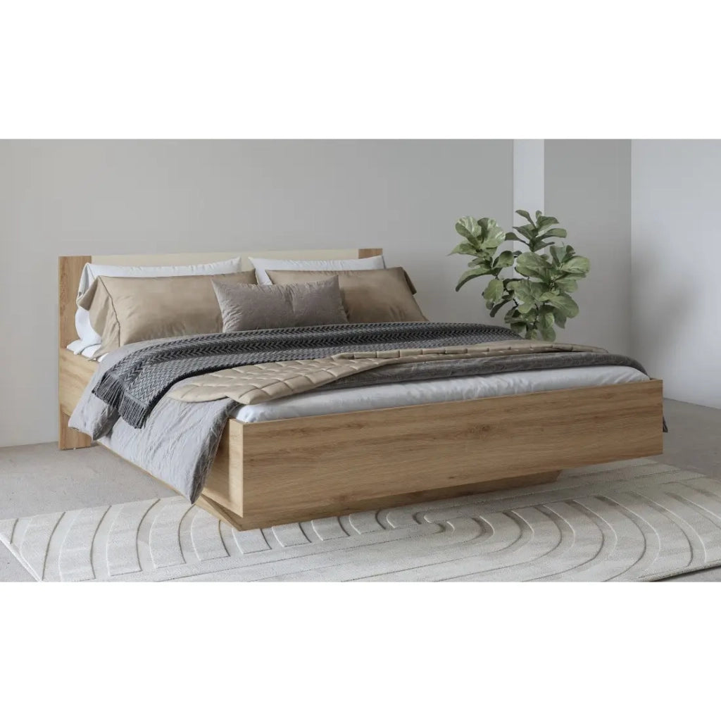Letto VERTIGO – 160x200 con doghe incluse – Rovere selvaggio e beige sabbia – Piede del letto design