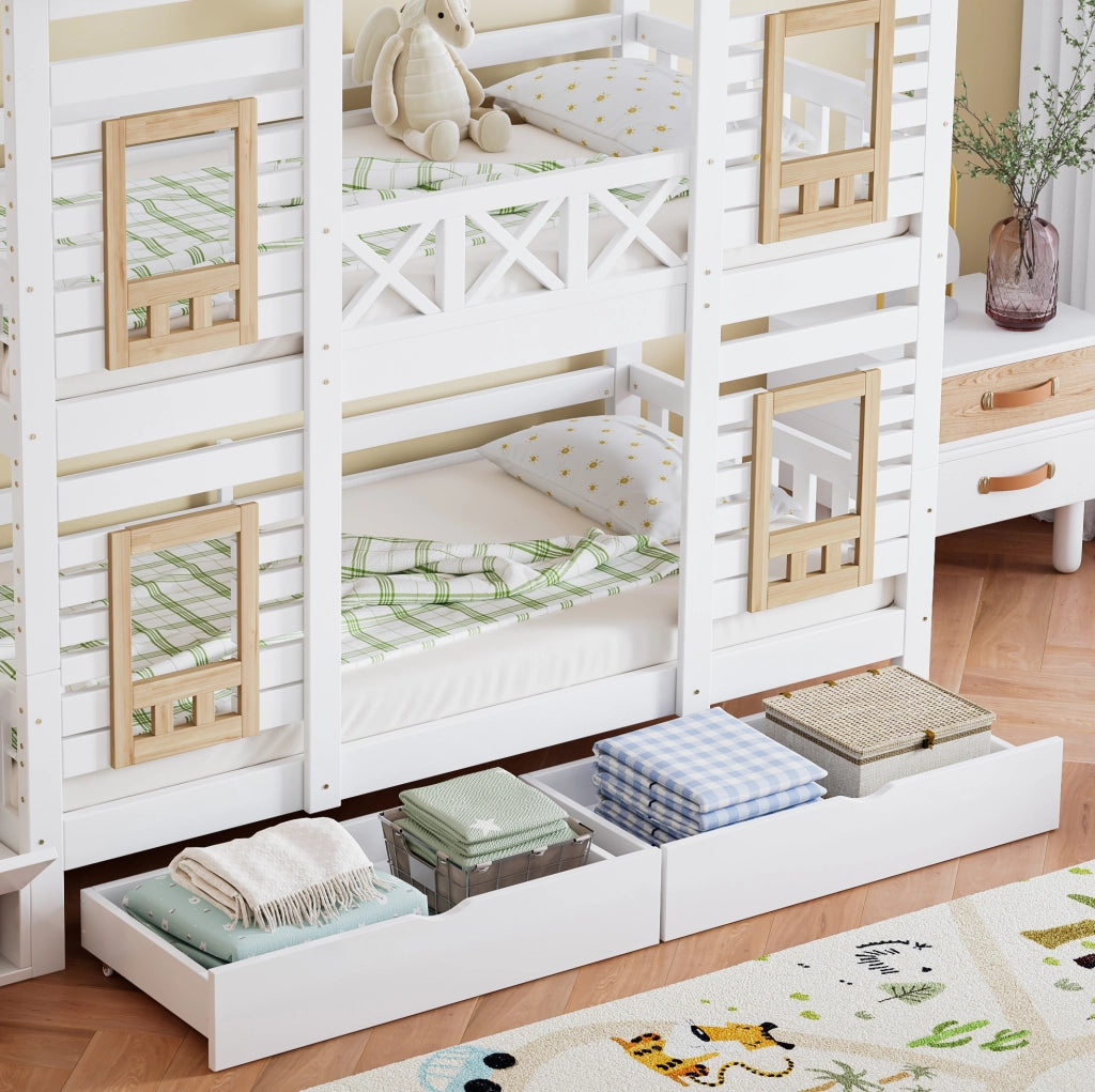 Letto a castello ULEVR 90x200 cm con 2 cassetti, scala con 4 vani e finestre, bianco e naturale