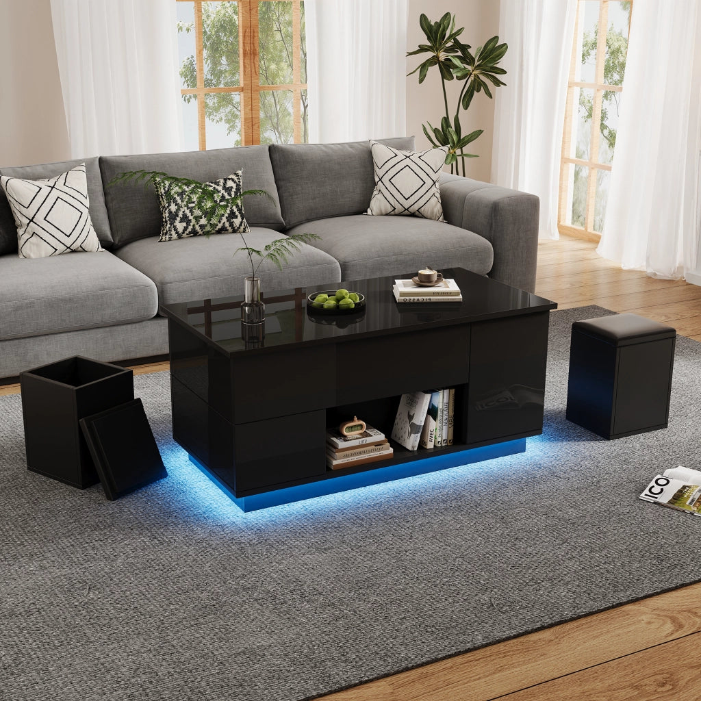 TAVOLINO DA SALOTTO Sollevabile 100 x 50 x 45 cm Nero Lucido con LED e 2 sgabelli