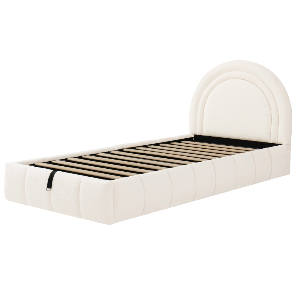 Letto per bambini imbottito 90x200 cm con rete a doghe, contenitore idraulico, bouclé beige