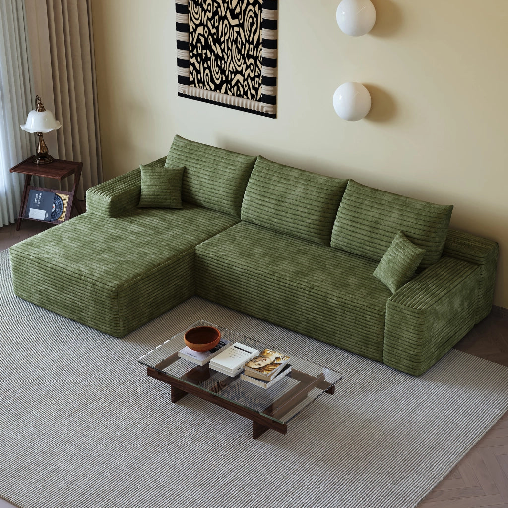 Divano ad angolo modulare con chaise longue a L e schiuma elastica, senza montaggio, in tessuto a coste verde 270 cm