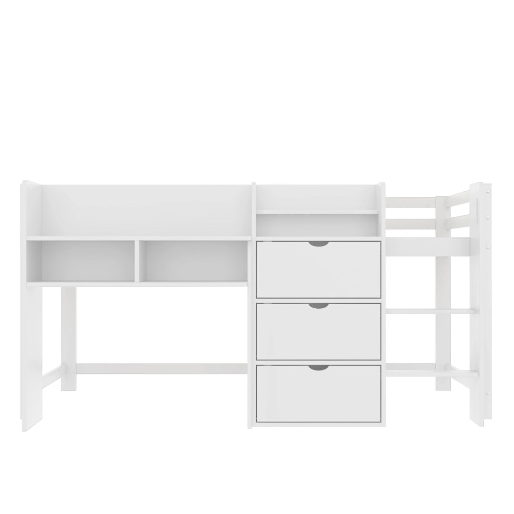 Letto a soppalco 90x200 cm con spazio contenitore in pino bianco