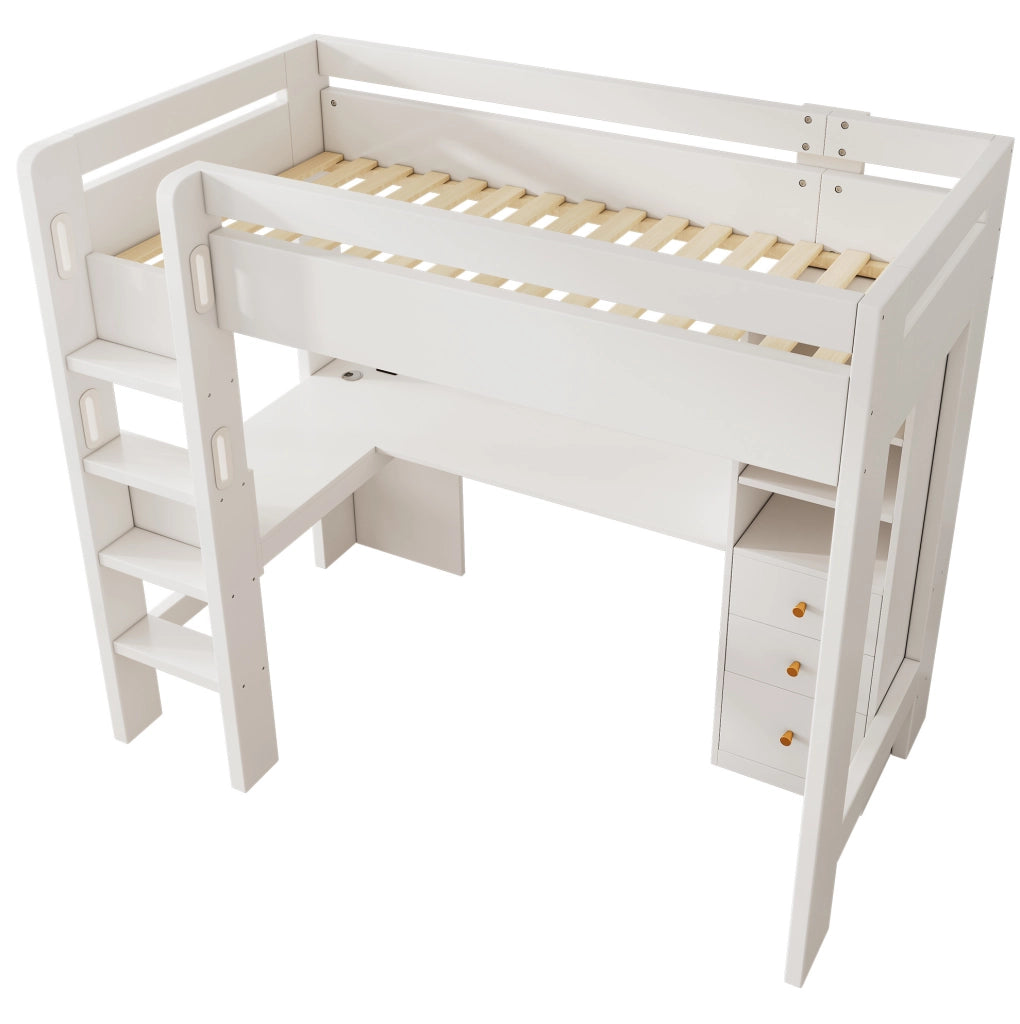Letto a soppalco singolo 90x200 cm bianco con scrivania a L; mensole; cassetti e USB/Type-C