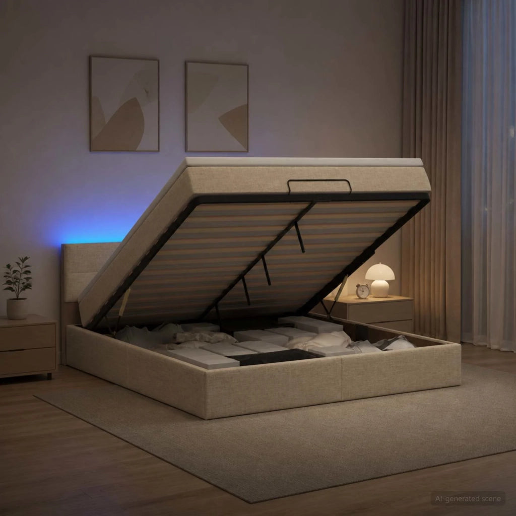 Letto Ottomano con Materasso e LED Crema 140 x 190 cm Tessuto 3456910