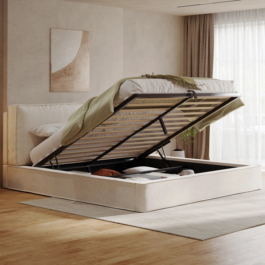 Letto contenitore matrimoniale 160 × 200 cm con testiera imbottita, contenitore idraulico, senza materasso, beige