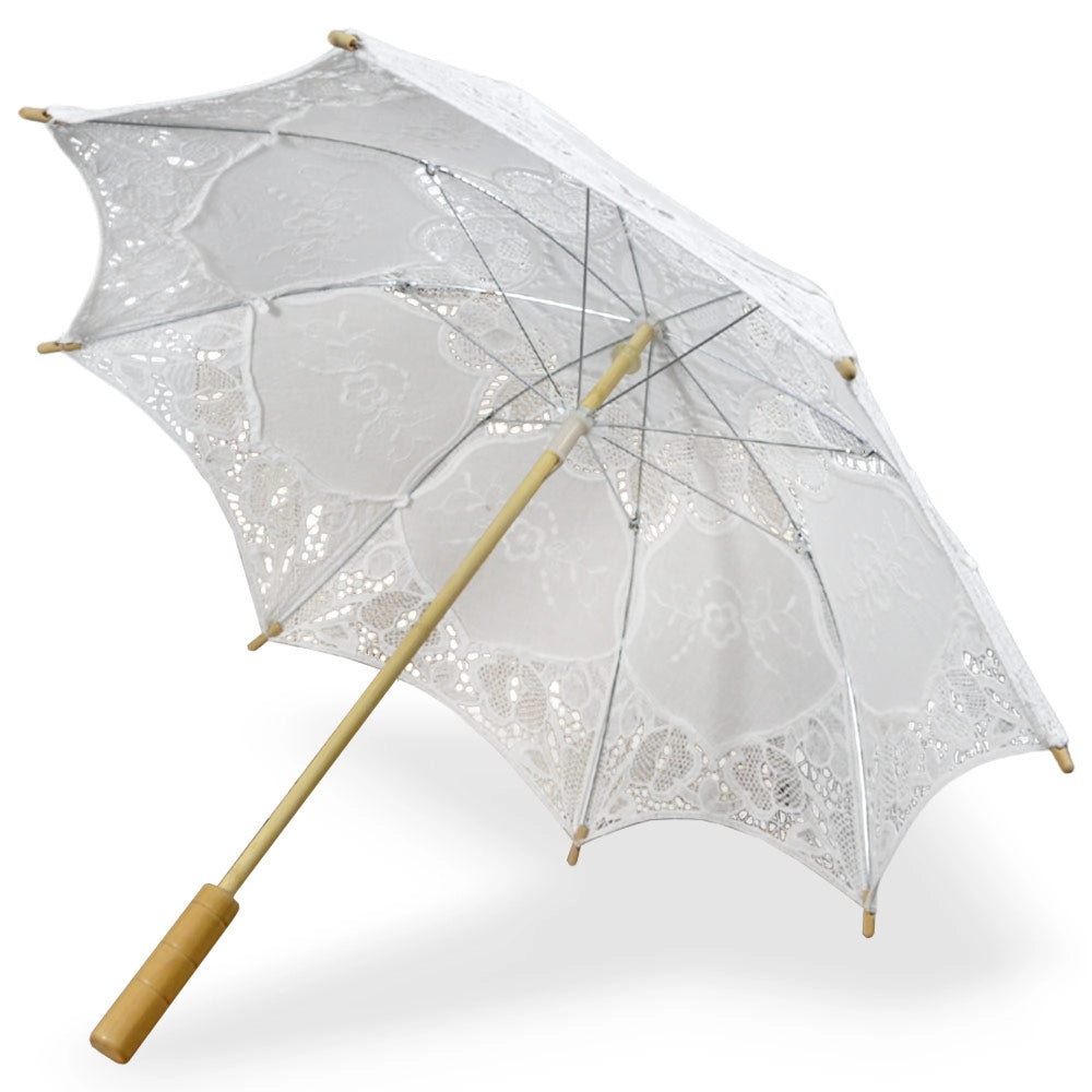 5 Mini-Ombrelli Wedding in Legno con Pizzo Bianco Ricamato 53 x h 60 cm