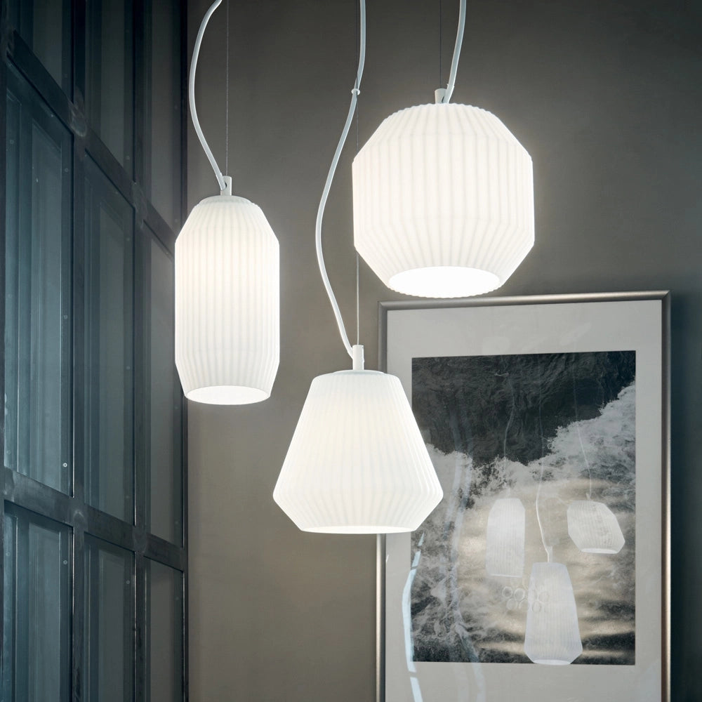 Lampadario Shabby Chic-Provenzale Origami Vetro Bianco 3 Luci E27