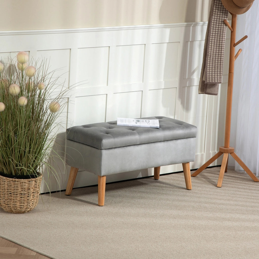 Panca contenitore imbottita con spazio nascosto, bottoni decorativi e gambe in legno in poliestere grigio 80 × 35 × 40 cm