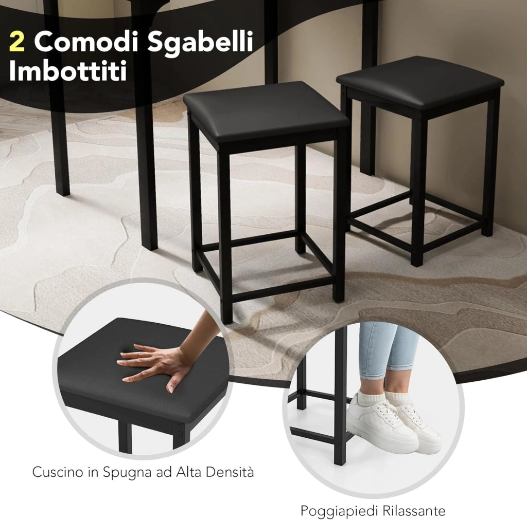 Tavolo Cucina con 2 Sgabelli, Tavolo Alto con 2 Sgabelli Senza Schienale in Similpelle da Cucina, Sala da Pranzo e Soggiorno, Tavolo Bar con Sgabelli Moderno per Spazi Piccoli (Bianco)