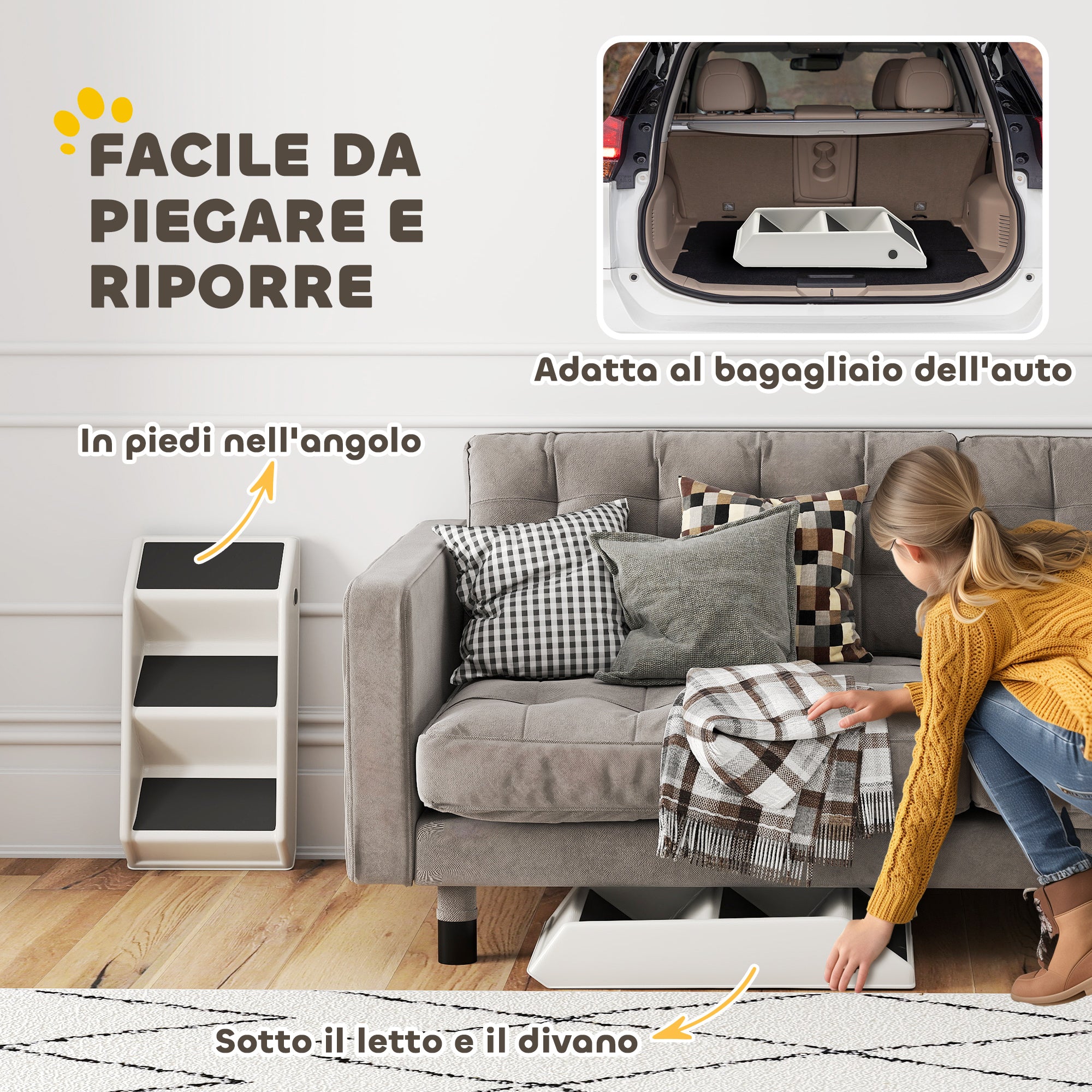 Scaletta Pieghevole per Cani e Gatti 3 Gradini Antiscivolo  53x30,5x36,5 cm in PP Crema