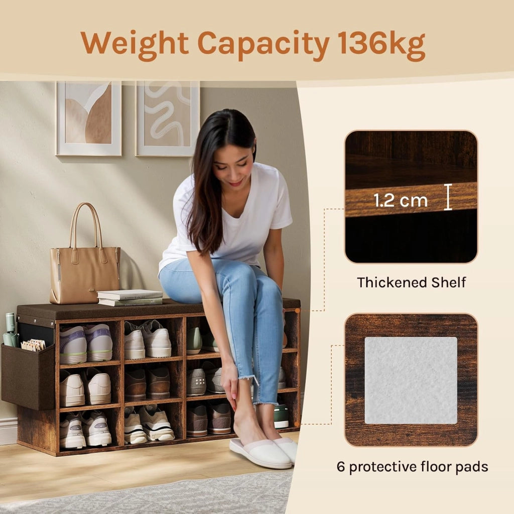 Panca Scarpiera da Ingresso, Scaffale Porta Scarpe a 12 Scomparti con Seduta Imbottita, Mobile da Ingresso Salvaspazio in Legno, Marrone Rustico+Marrone, 102x30x48,5 cm
