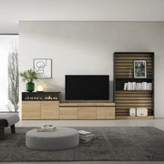 Mobile TV, Soggiorno, 360x35x186cm, Per TV fino a 65", Camino elettrico, colore Rovere e nero RF3164