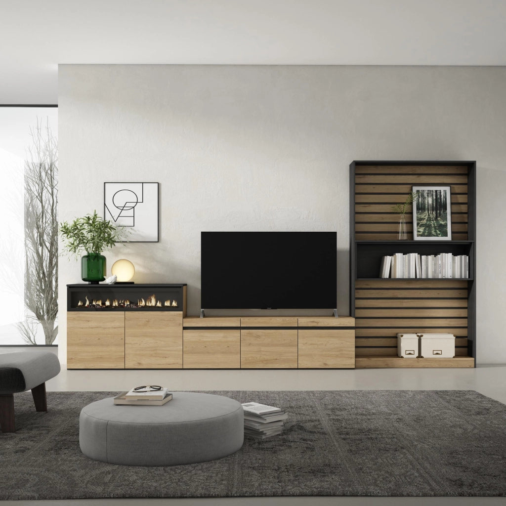 Mobile TV, Soggiorno, 360x35x186cm, Per TV fino a 65", Camino elettrico, colore Rovere e nero RF3164