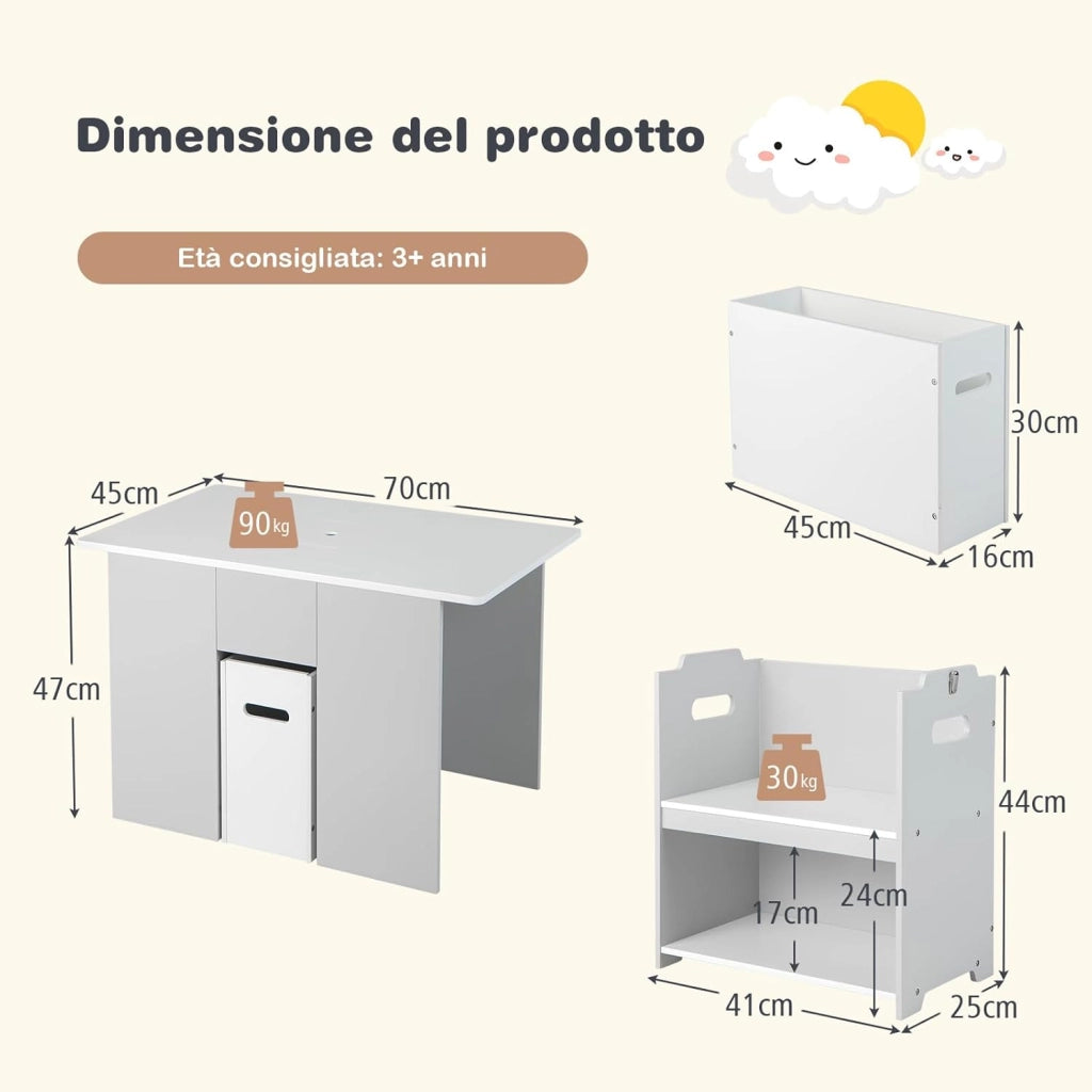 Set di Tavolo e Sedie per Bambini 4 in 1, Tavolo di Attività per Bambini con 2 Sedie Impilabili Coperchio Rimovibile e Contenitore, per Imparare Giocare Disegnare, Adatto a bambini dai 3 anni+
