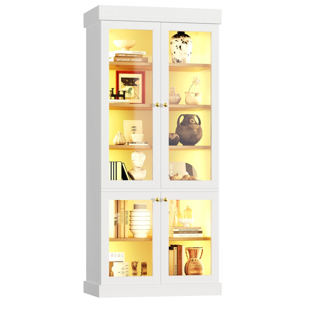 Armadio di stoccaggio con 2 sistemi antiribaltamento; illuminazione led; ripiani regolabili e ante in vetro per soggiorno; 80 × 40 × 180 cm