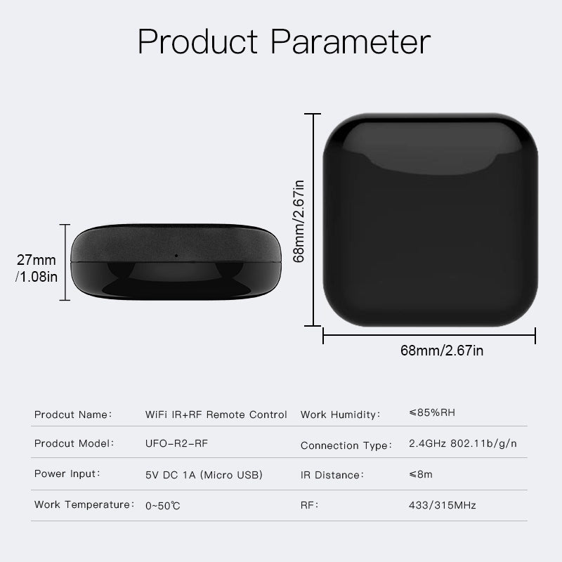 Telecomando Smart Controller Remote WIFI IR RF433 RF315 WIFI,IR,RF433,RF315 TUYA, Smart Life 5V IP20 68x68x27mm