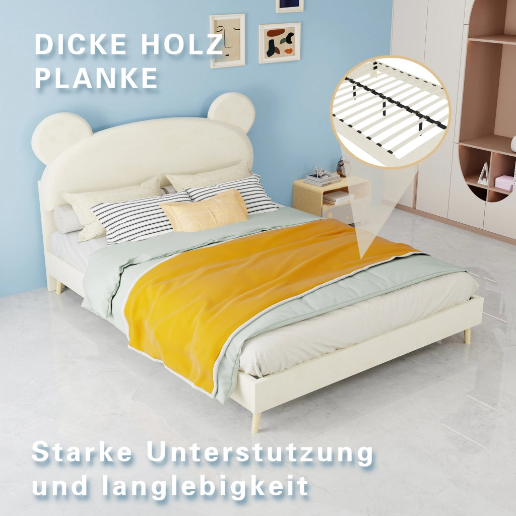 DESMIU Letto per bambini 140 × 200 cm con testiera orso, in tessuto e metallo, materasso incluso, beige