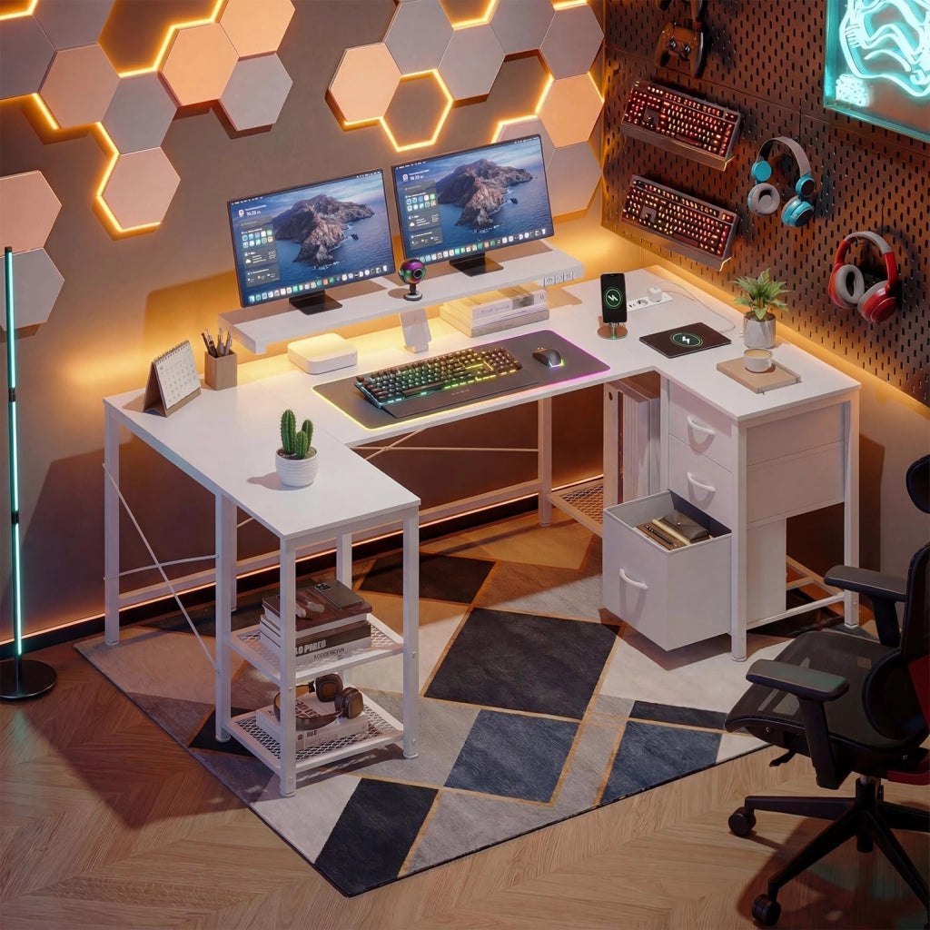 Scrivania Angolare 170x95 cm, Tavolo A L Da Gioco con 3 Cassetti, Illuminazione LED, Supporto Monitor, 2 Prese + 2 USB, Adatta per Ufficio/Studio, Ideale per Camere, Bianca