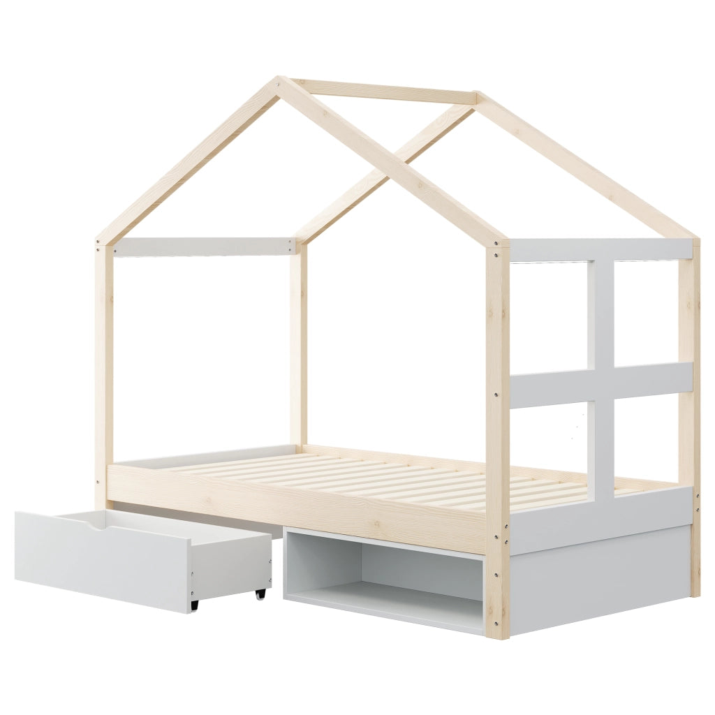 Letto per bambini 90 × 190 cm con cassetto contenitore, scarpiera e LED multicolore, senza materasso, legno naturale