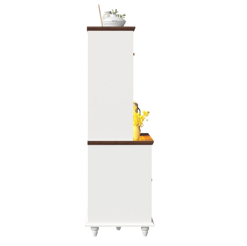 Credenza alta bianca con LED RGB, 4 cassetti e portabicchieri
