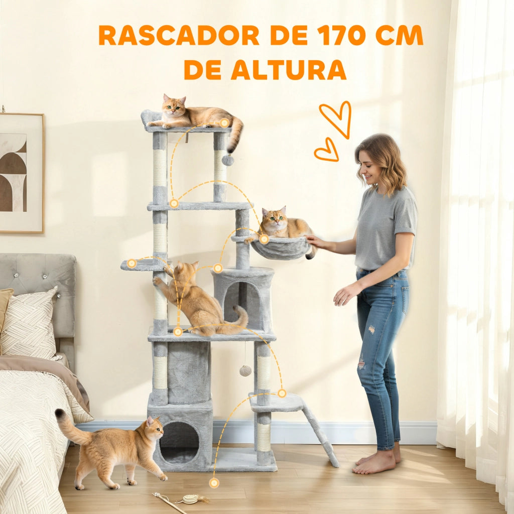 Tiragraffi per Gatti 170cm ¨C Xylo ¨C con 7 Pali 3 Piattaforme 2 Cucce 1 Tunnel Grigio Chiaro