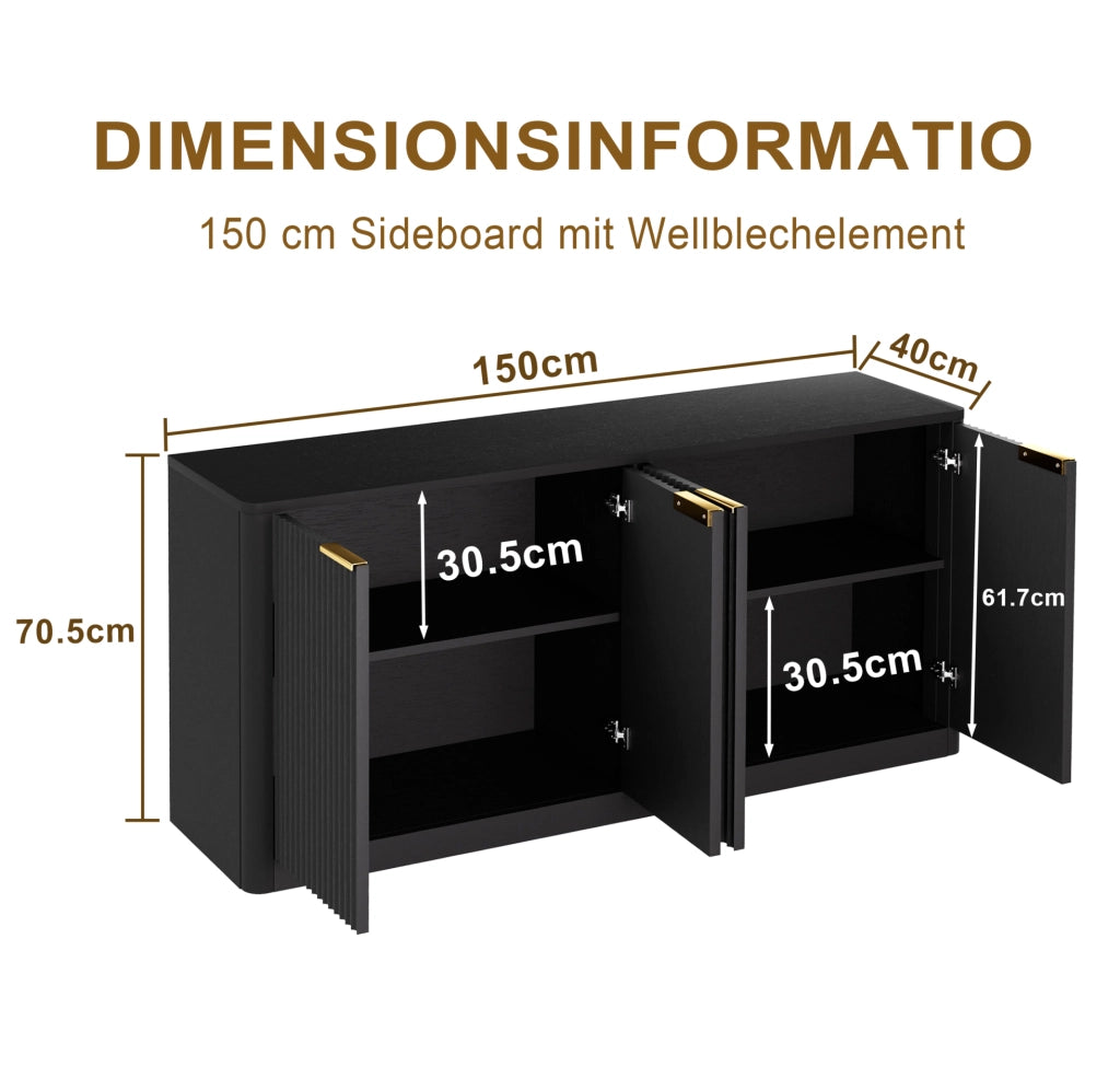 Credenza 150x40x70,5 cm a 4 ante in MDF nero con pannelli ondulati