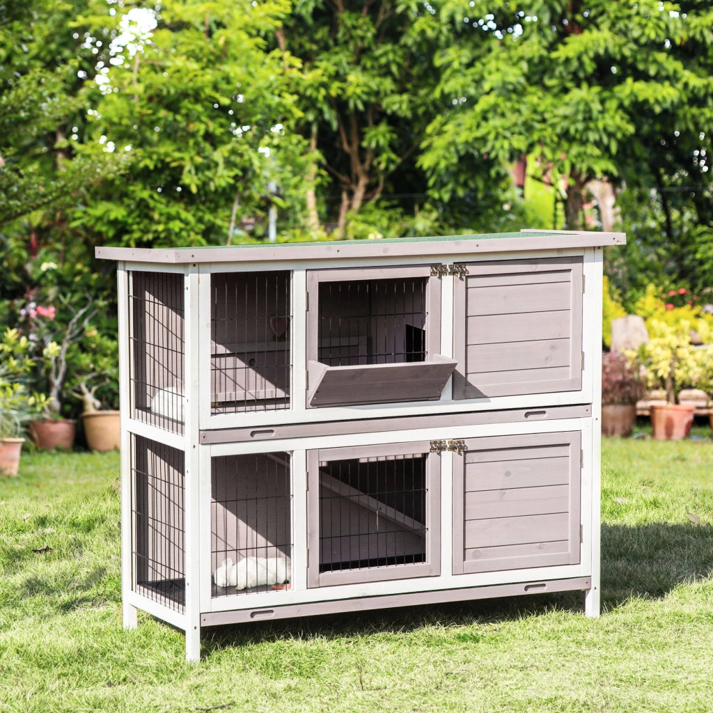 Gabbia per conigli 2 livelli legno massello - Xylo - tetto apribile con mangiatoia 122x50x101 cm grigio bianco