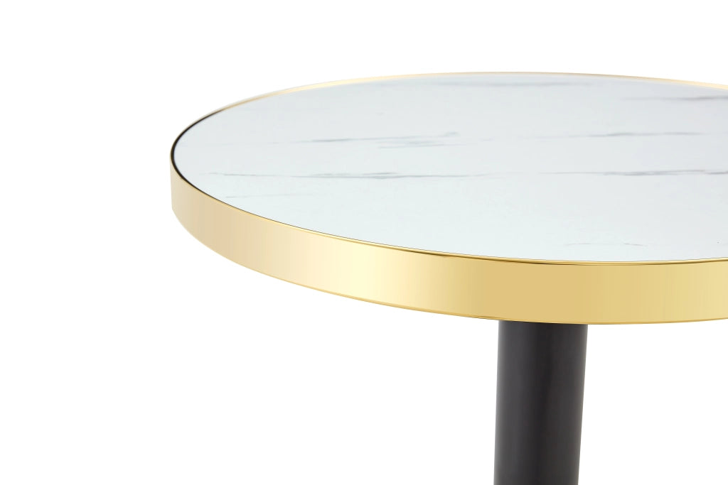 Tavolino basso rotondo con piano effetto marmo e base in acciaio inox dorato per soggiorno moderno in MDF bianco