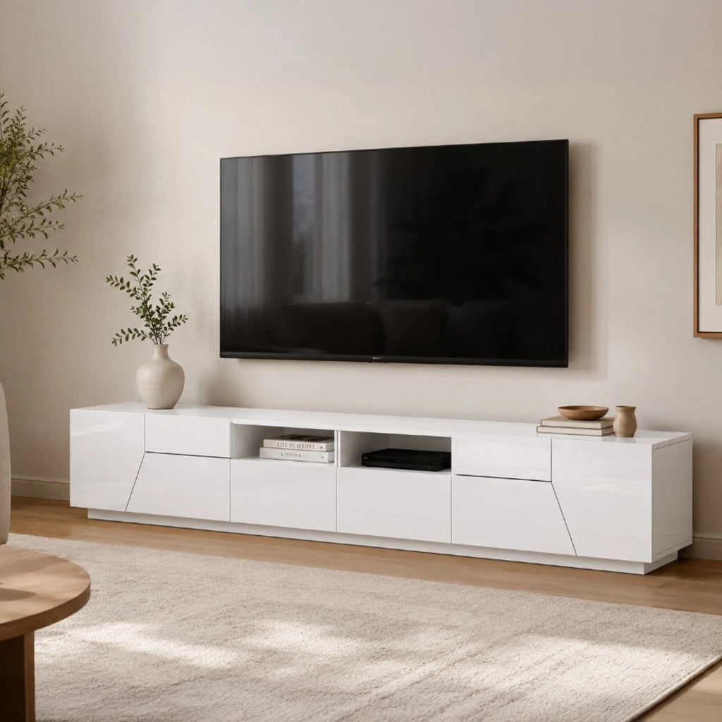 Mobile da soggiorno Porta Asdrubale, Made in Italy, Credenza per Asdrubale da salotto a 4 ante geometriche e 2 cassetti, Cm 260x43h46, Bianco lucido