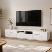 Mobile da soggiorno Porta Asdrubale, Made in Italy, Credenza per Asdrubale da salotto a 4 ante geometriche e 2 cassetti, Cm 260x43h46, Bianco lucido