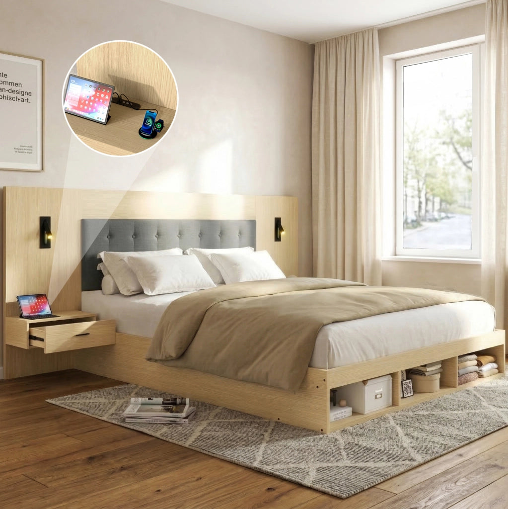 Letto matrimoniale 160x200 cm con USB C; LED e 2 comodini; MDF rovere chiaro