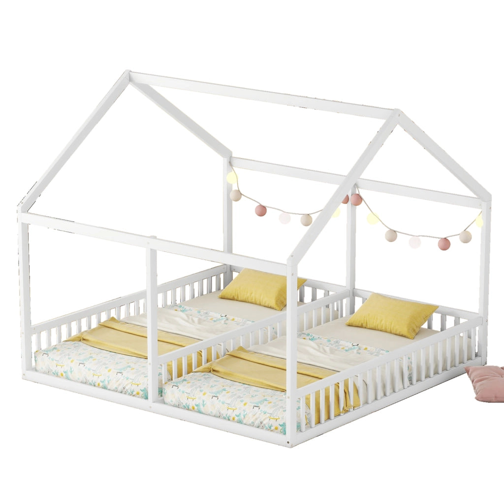 Letto a casetta 90x200 cm; 2 in 1 con sponde; pino; bianco