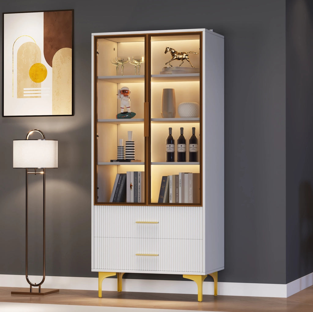 Vetrina 70x35x150 cm con ante in vetro fumé e LED; truciolare bianco