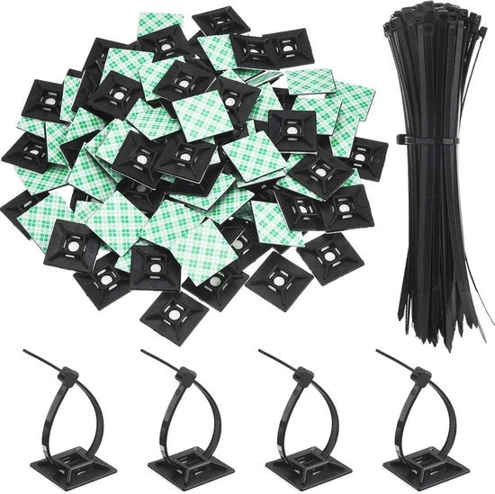 Kit di fissaggio autoadesivo con chiusura a raccordo, avvolgibili per cavi e supporti per cavi base - 200 pezzi - Per ufficio domestico, garage